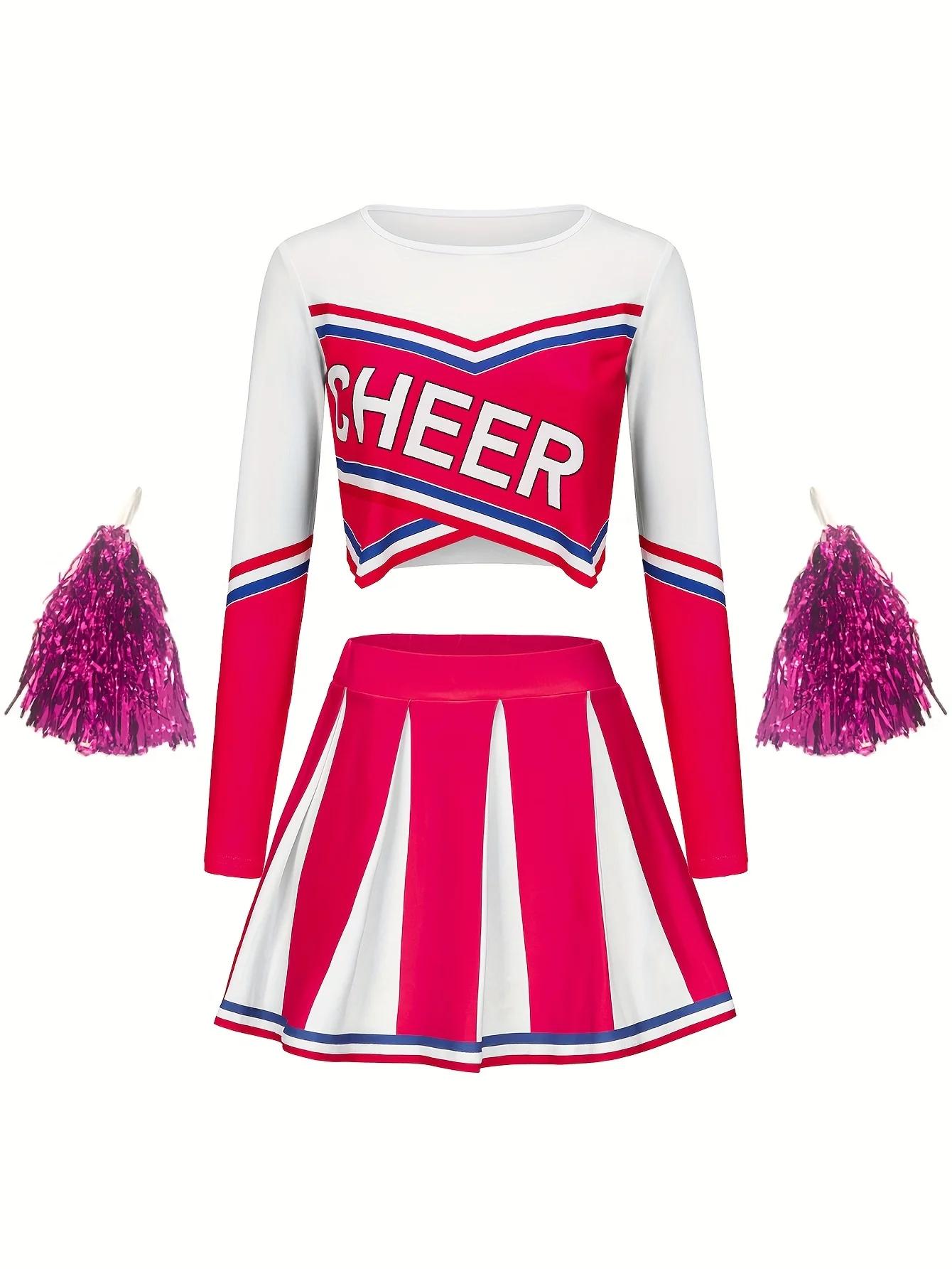 Ensemble jupe rouge Rose de pom-pom girl, pompons de sport mignons pour enfants, uniforme de pom-pom