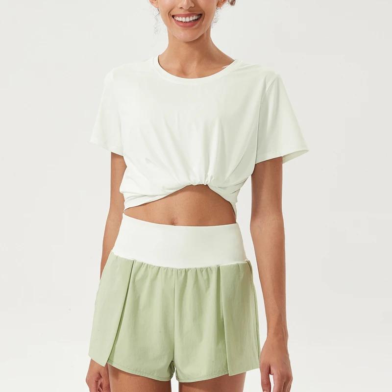 T-shirt de yoga à manches courtes pour femmes, tissu super commandé, chemise de gym respirante, haut
