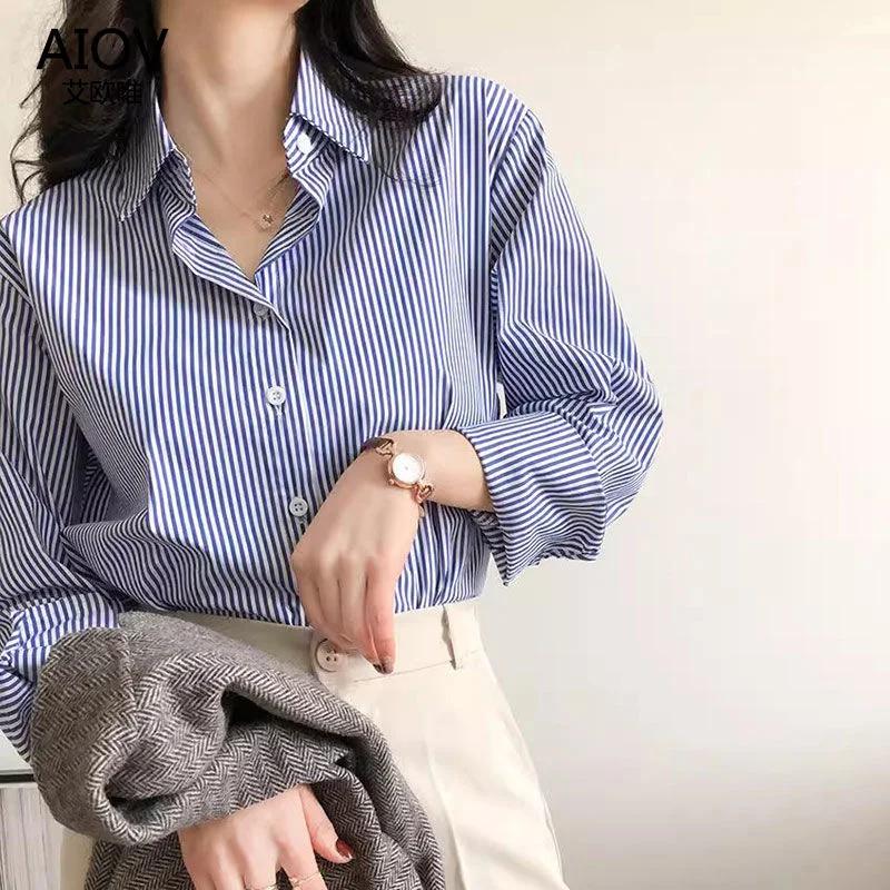 Classique rayé femme printemps automne Blouses chemise dame longue lanterne manches col montant lâch
