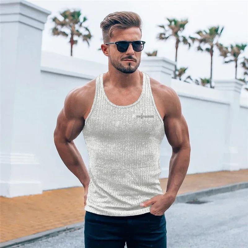 Débardeur tricoté à rayures pour hommes, chemise d'été respirante à séchage rapide, Fitness, Slim Fi