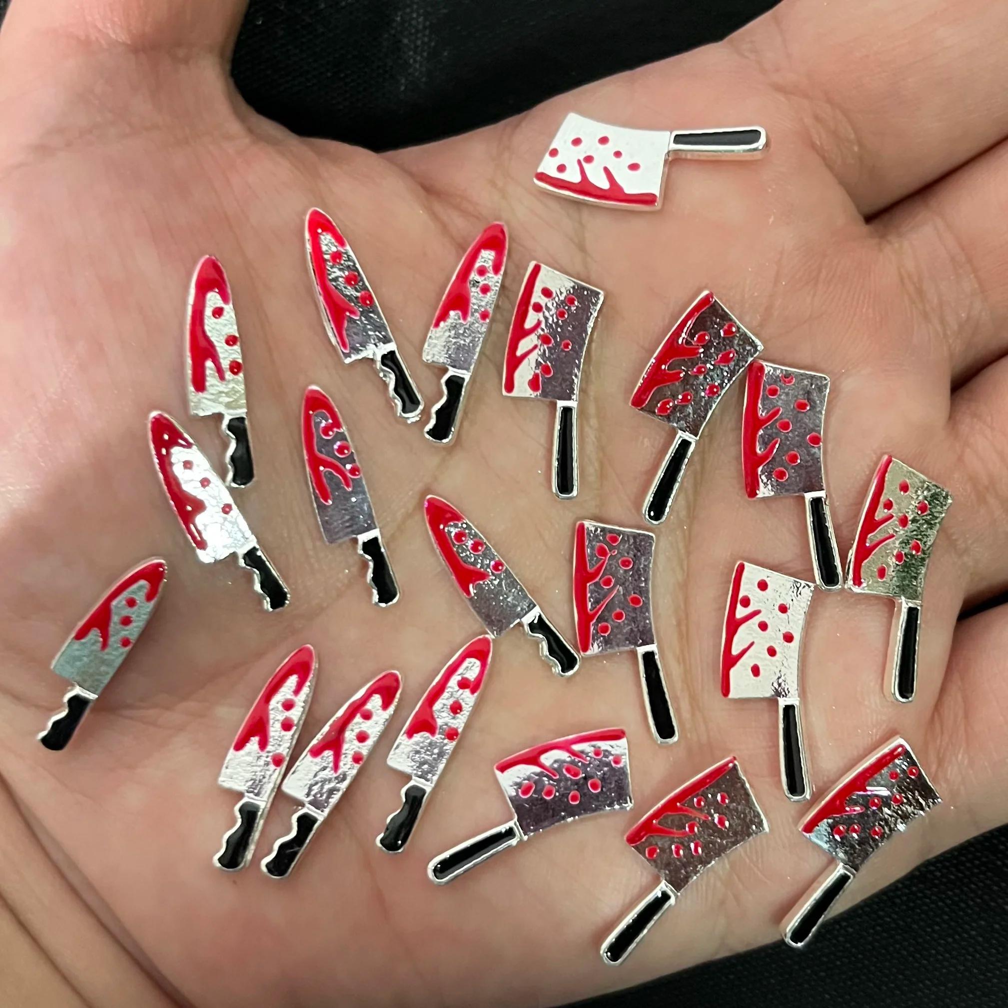 10 Pièces Faux Armes d'Halloween avec Breloques Ongles Effet Sang, Décorations Métalliques pour Ongl