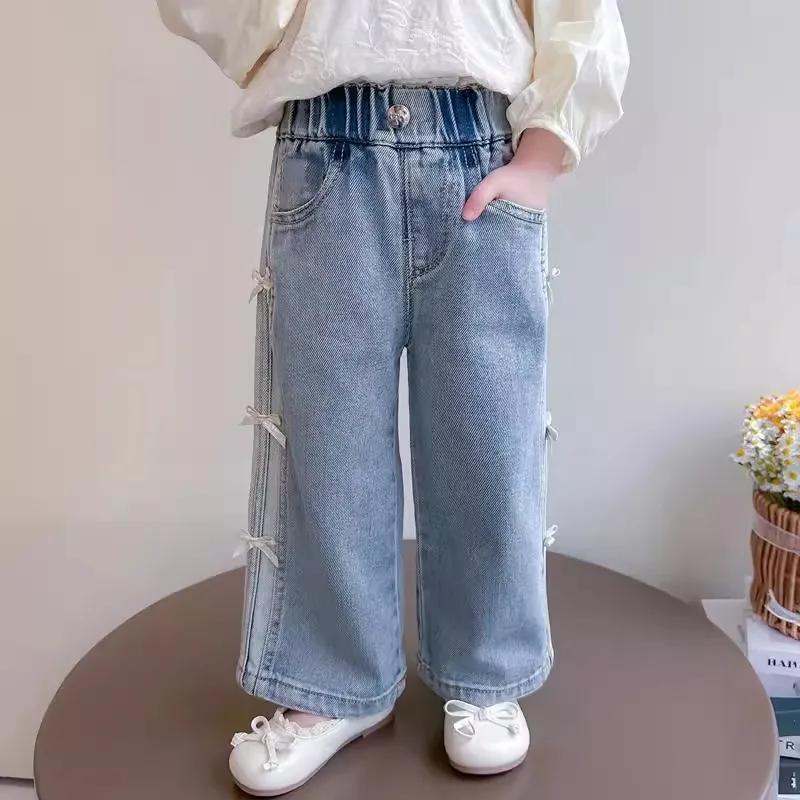 Jeans de printemps pour bébés filles, pantalon en denim à nœud pour enfants, pantalon droit à jambes