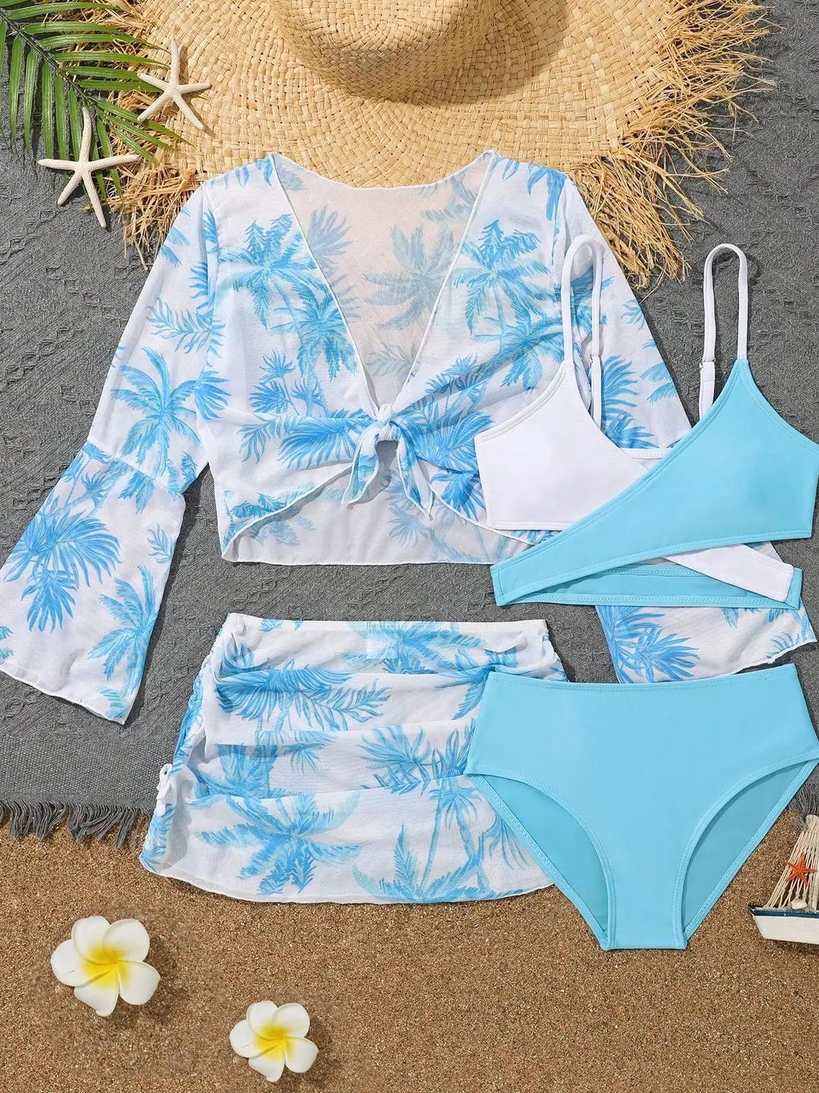 Ensemble 4 pièces haut de bikini et jupe 2026 pour filles, maillot de bain taille haute pour enfants