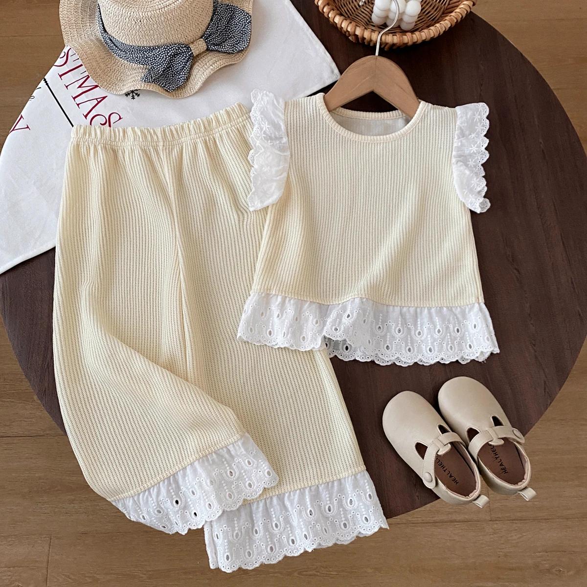 Ensembles de vêtements pour filles, été, dentelle unie, gilet en dentelle tricotée + pantalon large,