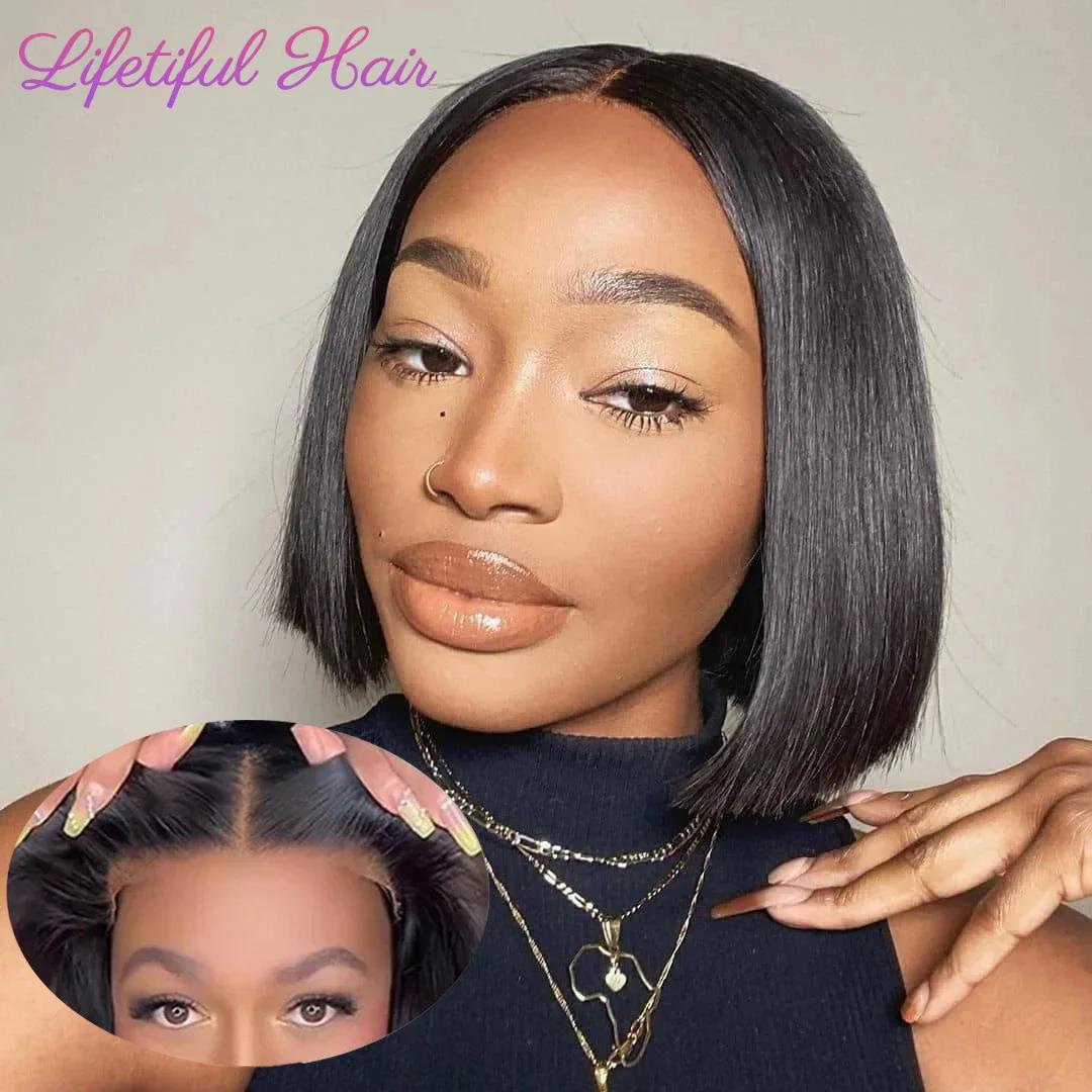 Perruques Cheveux Humains Sans Colle 4x4 Lace Transparente Perruque Courte Perruques Cheveux Humains