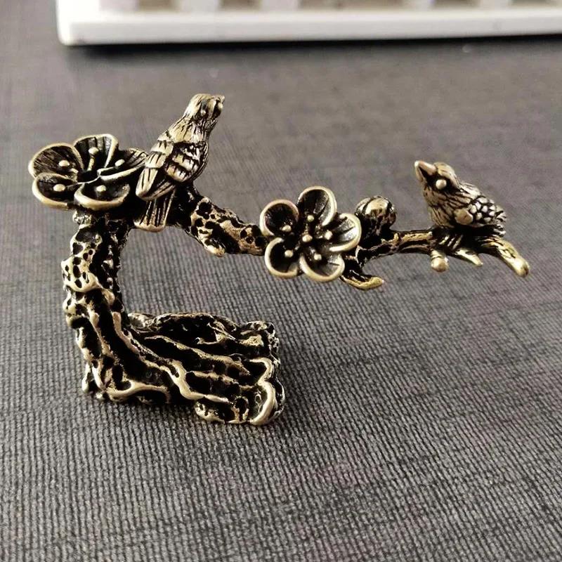 Arbre à prune en cuivre pur, oiseau pie heureux, ornements miniatures, Figurine de coucou en laiton