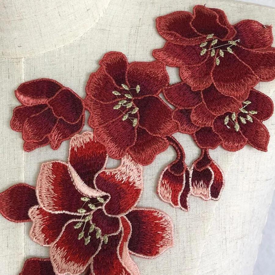 Patchs de broderie de fleurs de prunier rouge, autocollant en tissu pour vêtements, réparation de co