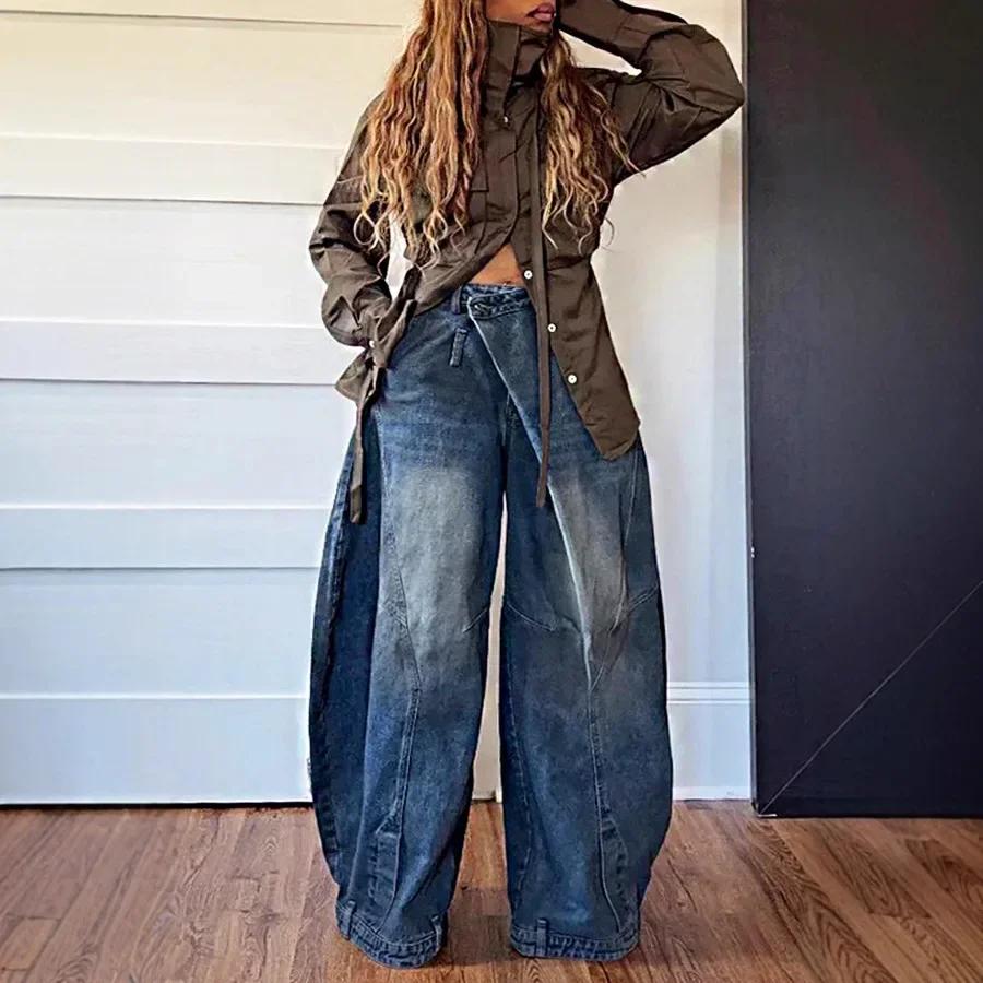 Jean ample vintage en denim pour femme, taille mi-haute, délavé et déchiré, longueur ras du sol, sty