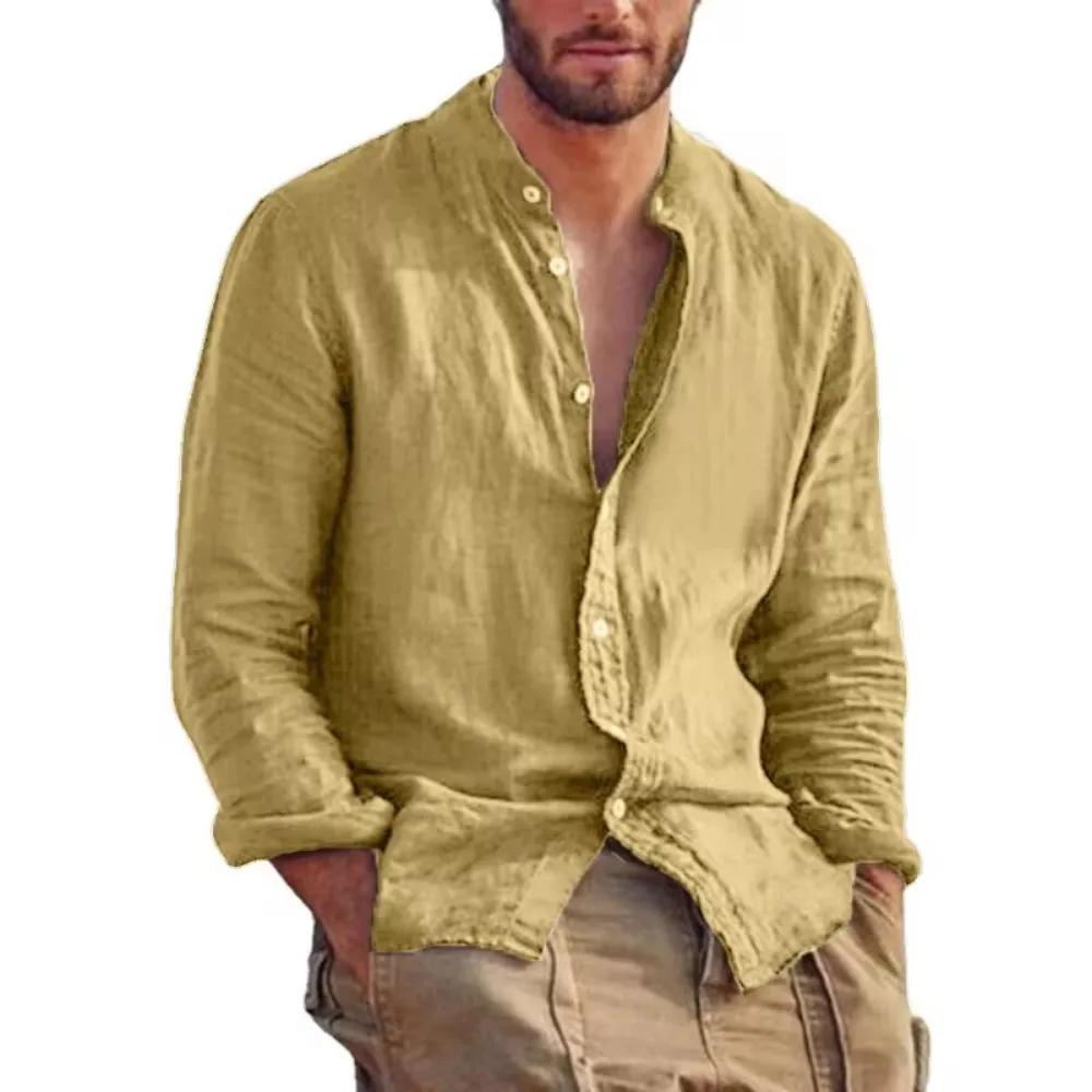 Chemise en lin à manches longues pour hommes, col montant, chemises légères décontractées pour homme