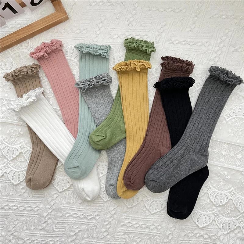 Chaussettes hautes à volants pour enfants de 0 à 8 ans, chaussettes longues en coton doux avec fleur