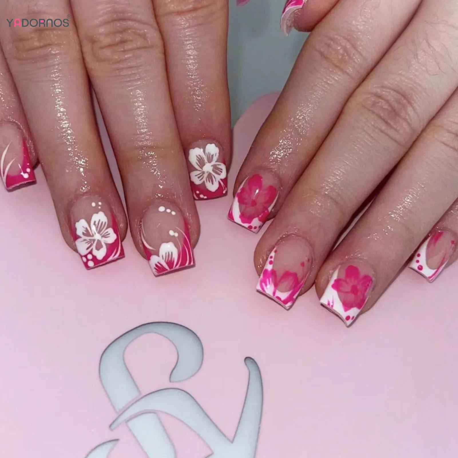 24 pièces fée fleur blanche faux ongles rose pointe française presse sur ongles court carré portable