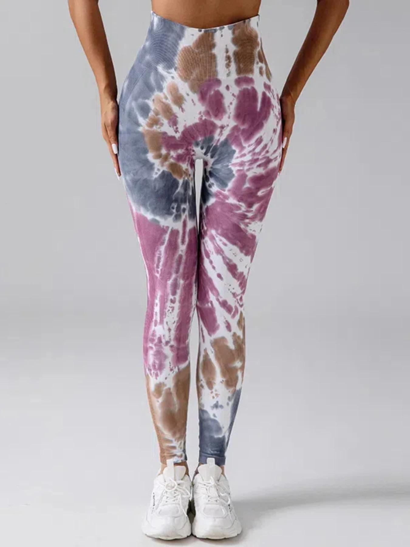 Pantalon de Fitness sans couture, teinture par nouage, pêche, hanche, Leggings, taille haute, collan