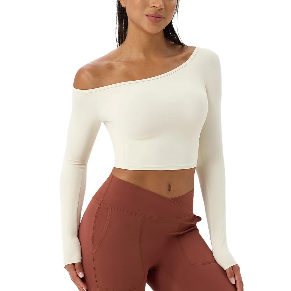 T-shirt de Yoga à manches longues pour femmes, asymétrique épaule dénudée, sexy, serré, vêtements de