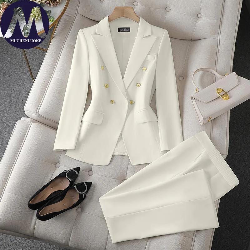 Ensemble deux pièces pour femmes, mode coréenne, blazer à manches longues et pantalon large, tenue d