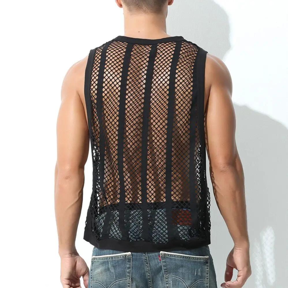 Hommes maille pure gilet musculation course débardeurs Sexy résille Fitness vêtements de sport Muscl