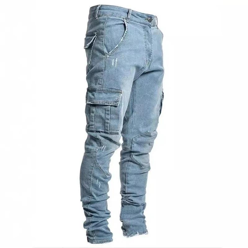 Jeans en denim élastique pour hommes, pantalon cargo multi-poches, coupe slim décontractée, jogging