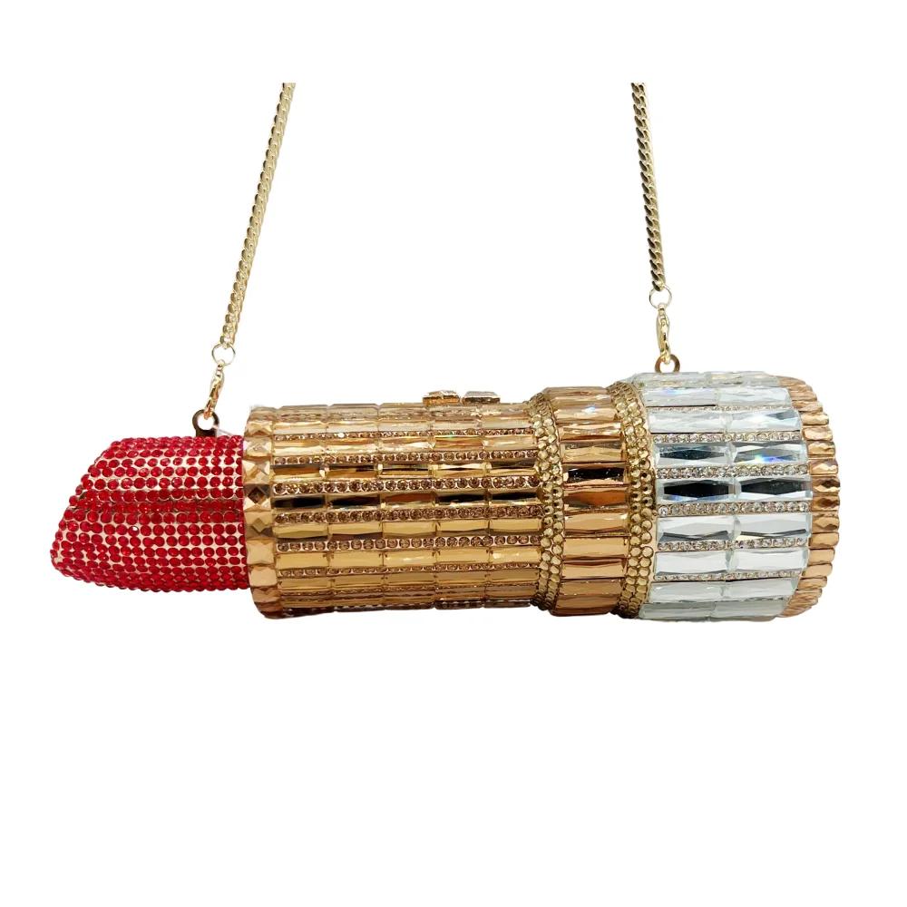 Pochette de rouge à lèvres à dessus plat, sac de soirée en strass cristal pour femme. Sac à main de