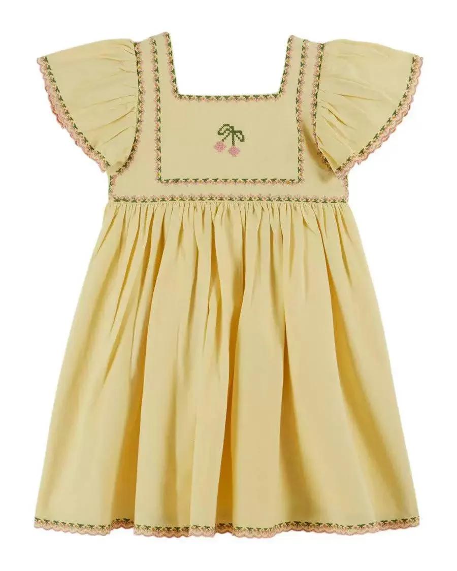 Robe en jean plissée pour fille, broderie florale, manches courtes, style princesse, collection été