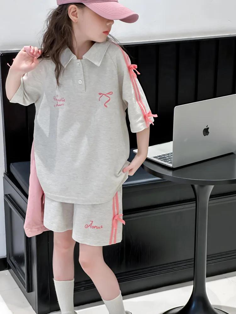 T-Shirt de sport d'été pour filles, costume avec nœud en sangle, pour grands enfants, Version coréen