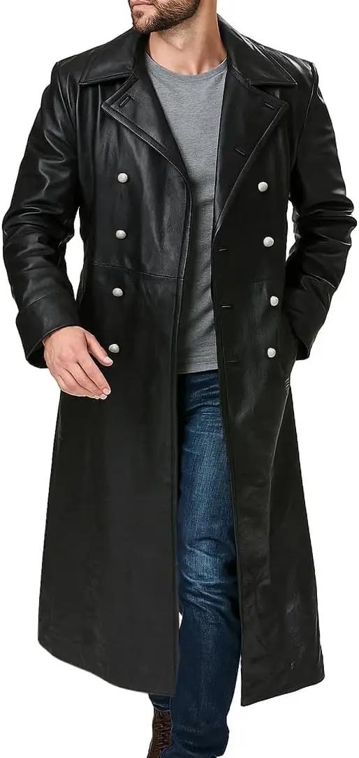Trench-Coat long en cuir noir pour hommes, marine impériale, U-Boat, sous-marin, capitaine, veste en