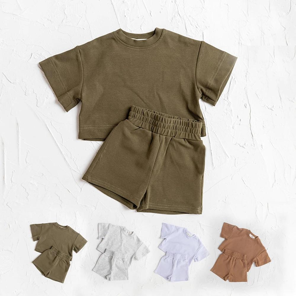 Ensemble de vêtements d'été pour bébés garçons, tenue à manches courtes, couleur unie, 2 pièces