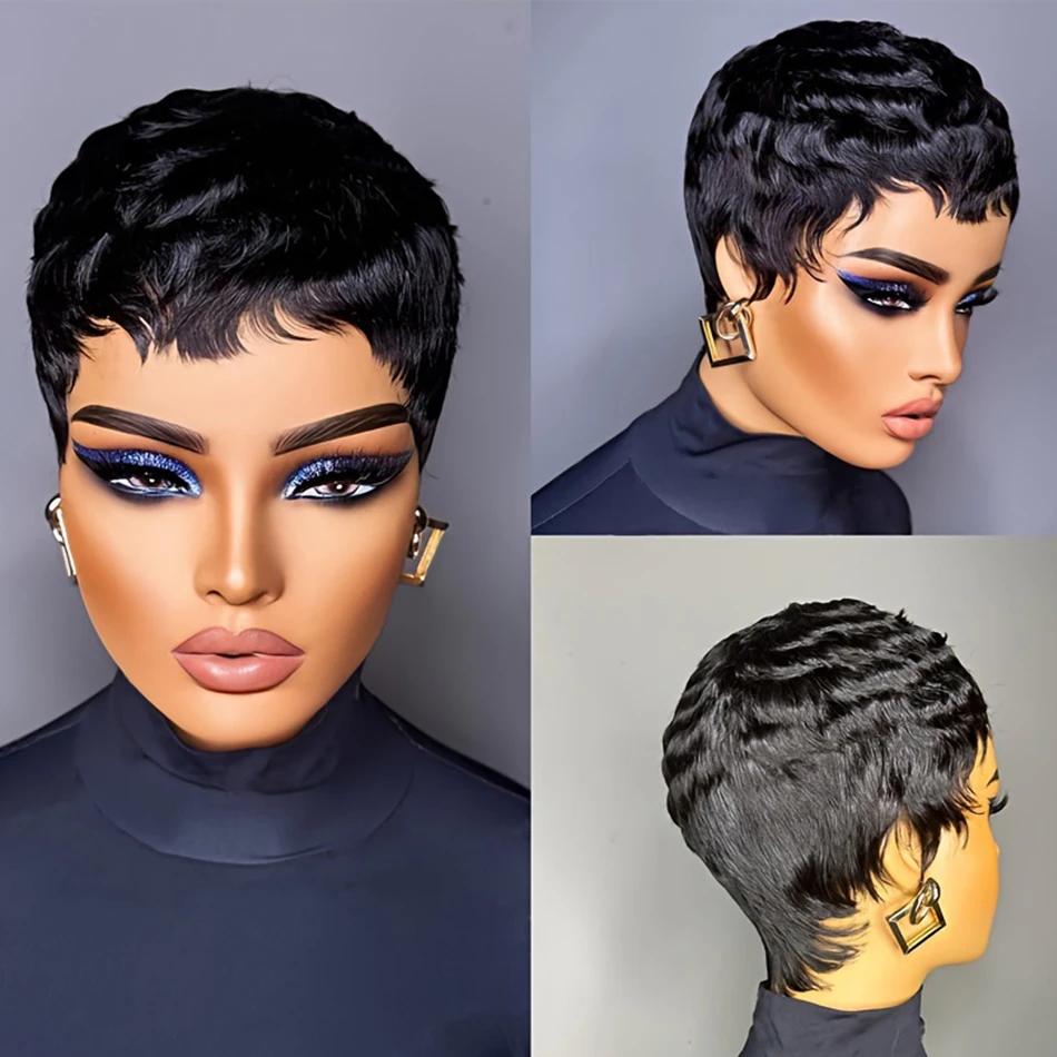 Perruques coupe lutin cheveux humains perruques de cheveux humains droites noir brésilien Remy perru