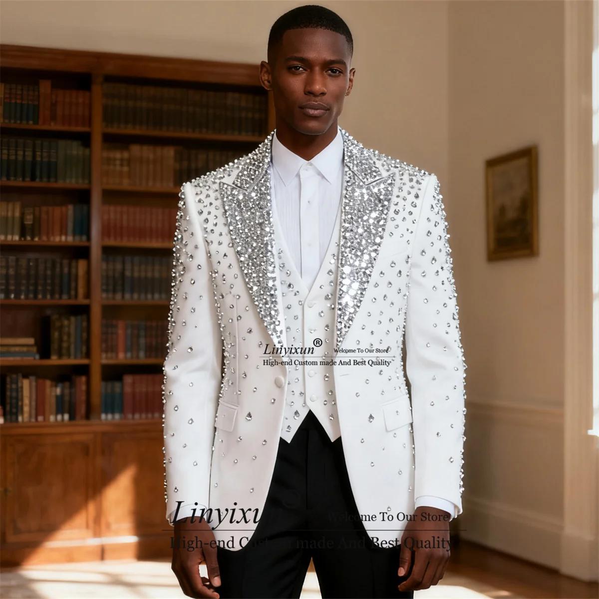 Beaux 3 pièces ensembles hommes costumes haut de gamme strass perlé marié Tuxedos personnalisé mince