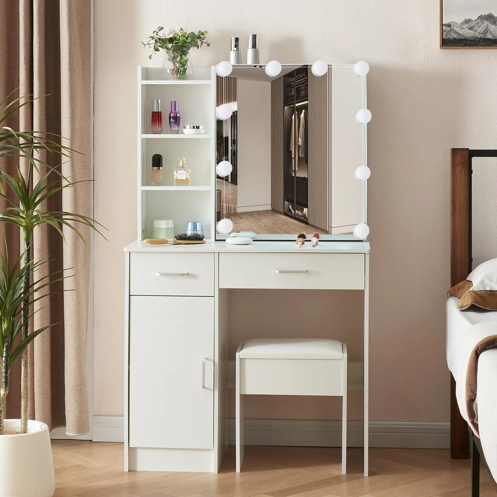 Ensemble de vanité de maquillage avec miroir et lumières, commode, armoire de rangement, 3 modes d'é