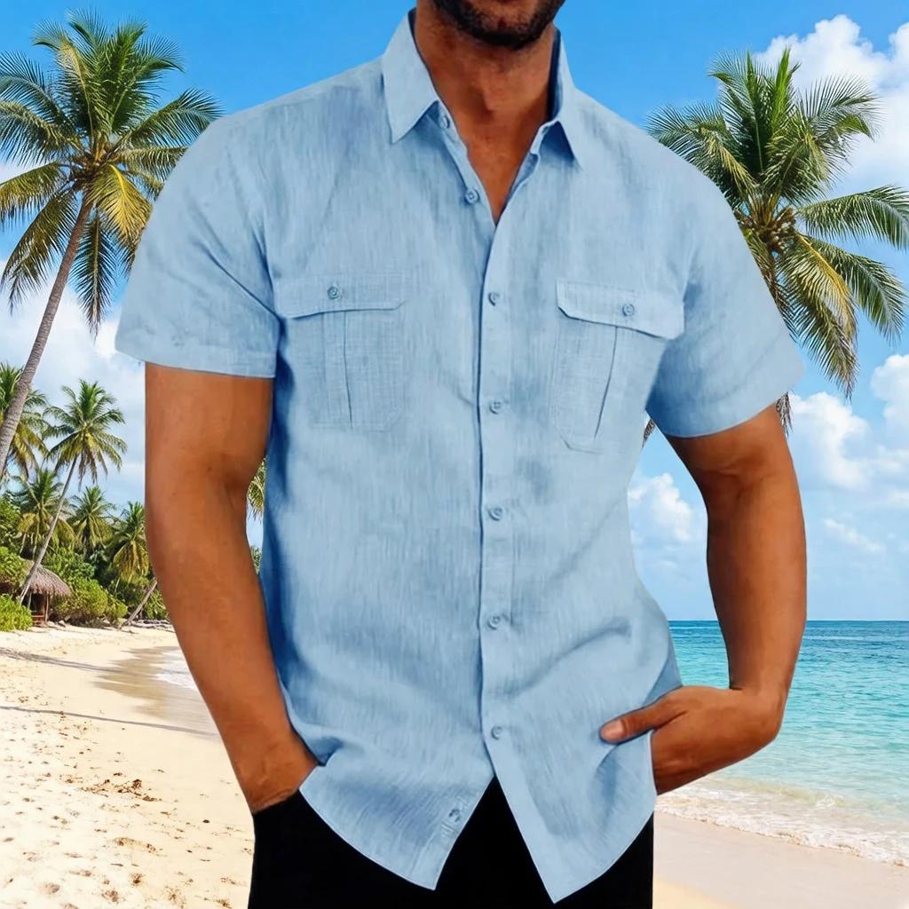 Chemises à manches courtes pour hommes en coton et lin, vente chaude, couleur unie, col confortable,