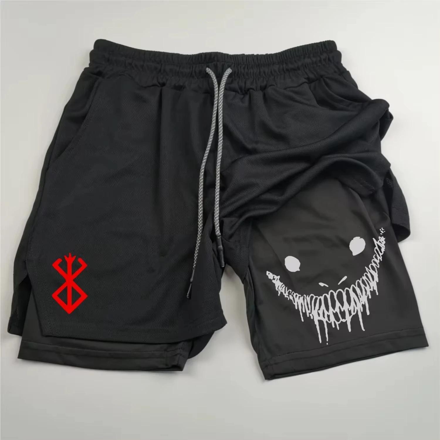 Short sport homme anime Berserk 2 en 1 séchage rapide fitness entraînement double pont serviette