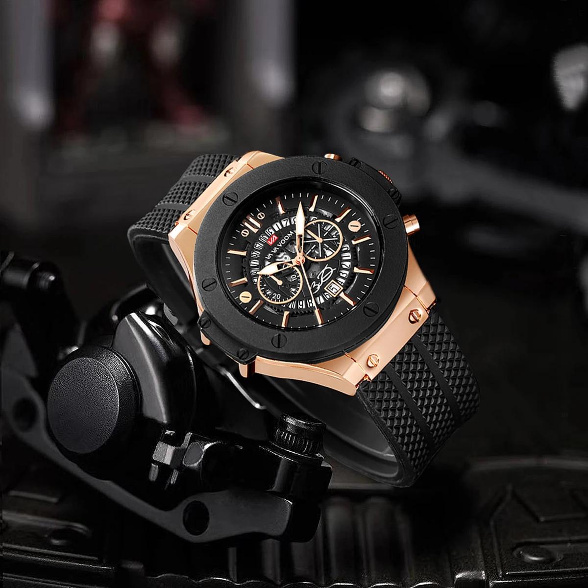 Montre de sport en Silicone noir pour hommes, main ajourée de 46mm, grand cadran, or Rose, Style mil