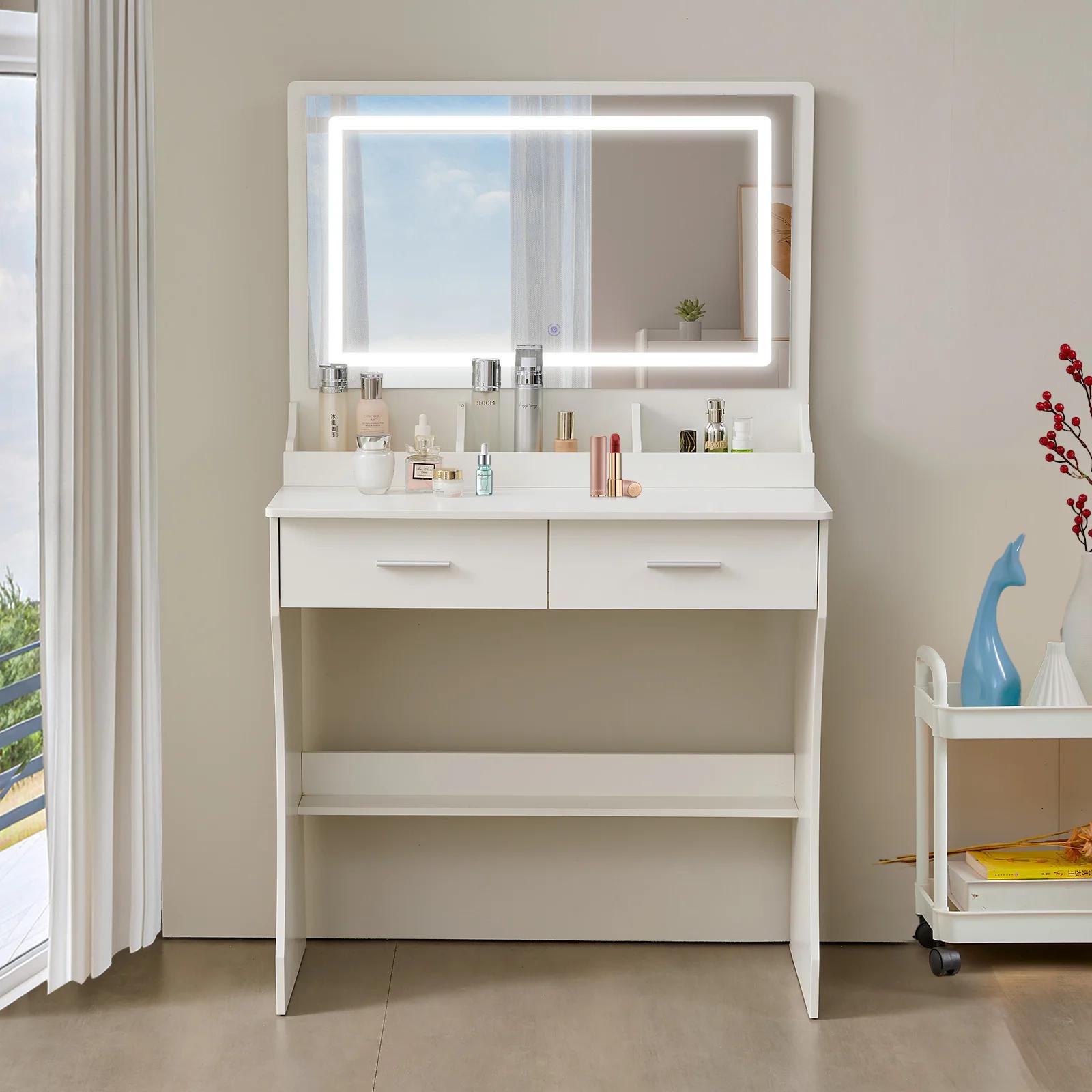 Bureau de maquillage avec lumières, vanity avec miroir ouvrable et 3 documents à intensité variable,