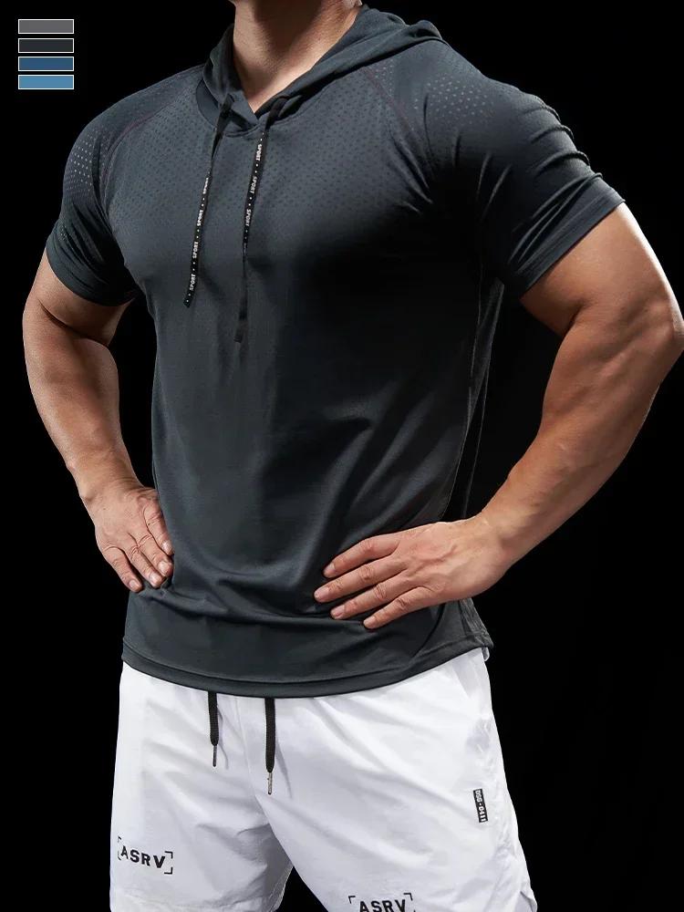 Sweat à capuche homme fitness course musculaire - T-shirt manches courtes cyclisme extérieur
