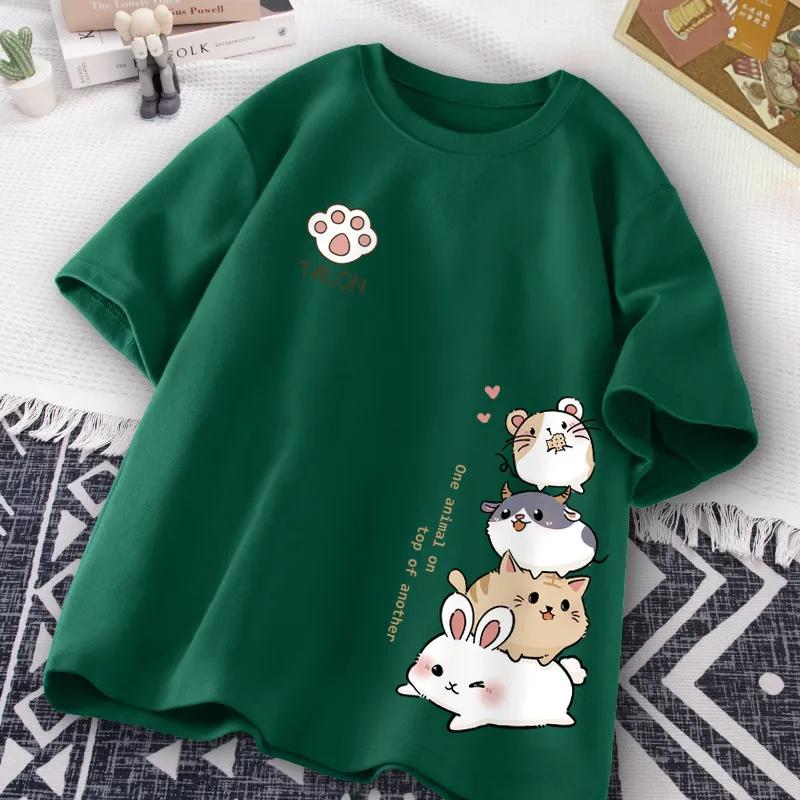 Japonais mignon Hamster Style doux imprimé usage quotidien à manches courtes T-shirt femmes ample dé
