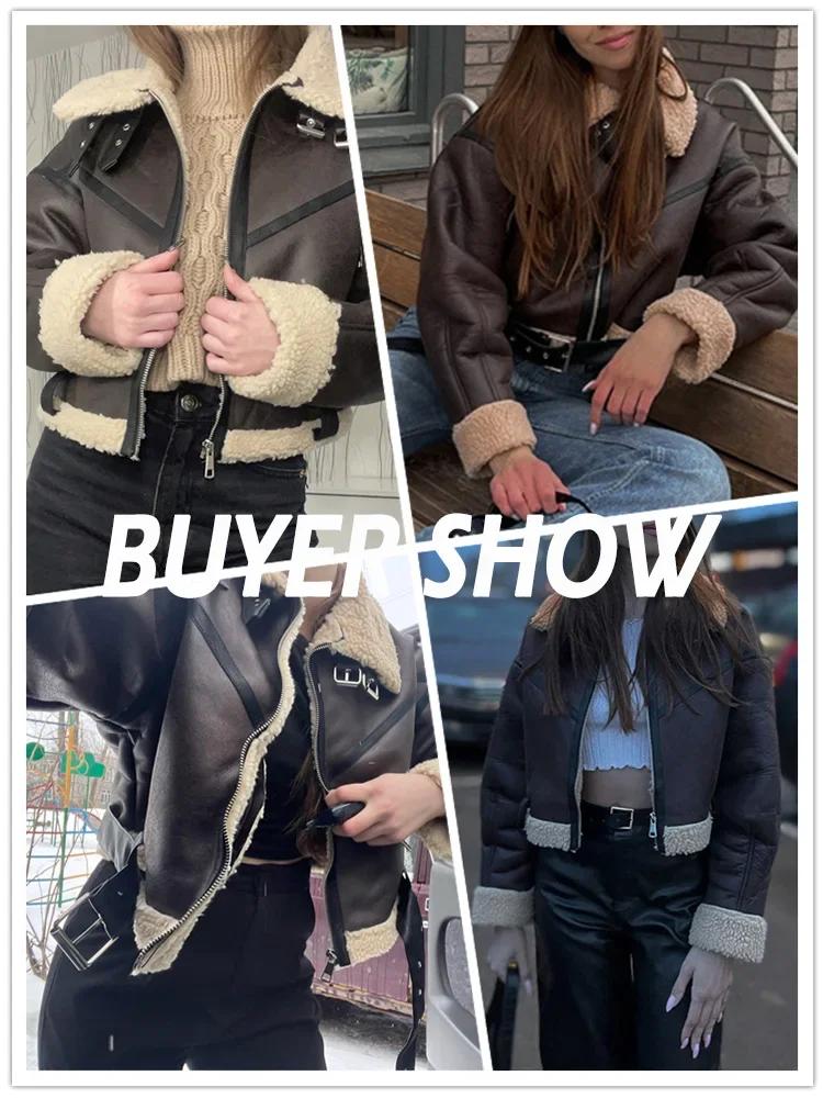 Ailegogo hiver femmes Streetwear fausse fourrure d'agneau veste courte avec ceinture Moto Biker épai