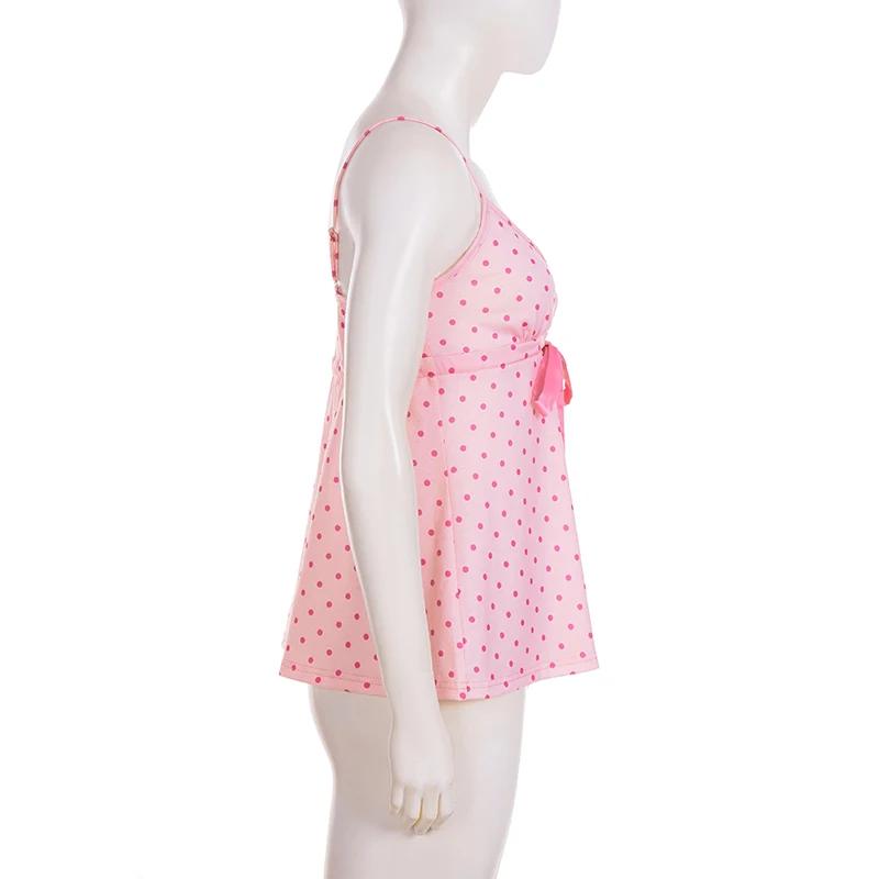 SUCHCUTE Chic doux mignon à pois imprimé nœud à lacets Camisole femmes col en V sans manches haut co