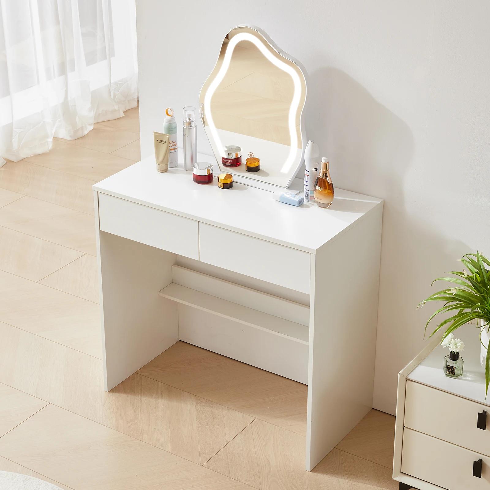 Ensemble de commode avec miroir et bande lumineuse, commode de maquillage blanche avec 2 portes de p