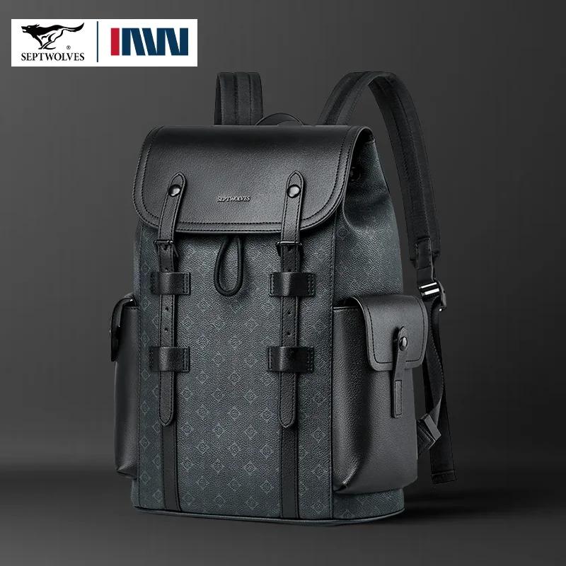 Septwolves haute qualité affaires imprimé sac à dos en cuir homme concepteur cordon Flip monogramme
