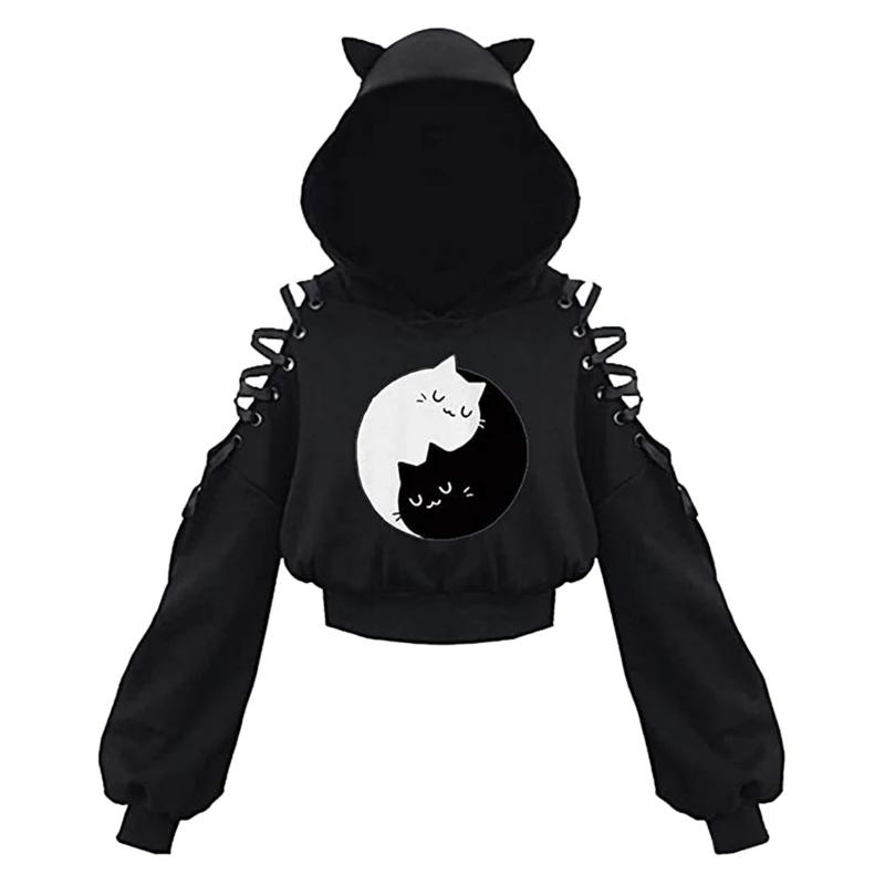 Y2k gothique femmes à capuche chat oreille haut court sweat à capuche évider à lacets à manches long