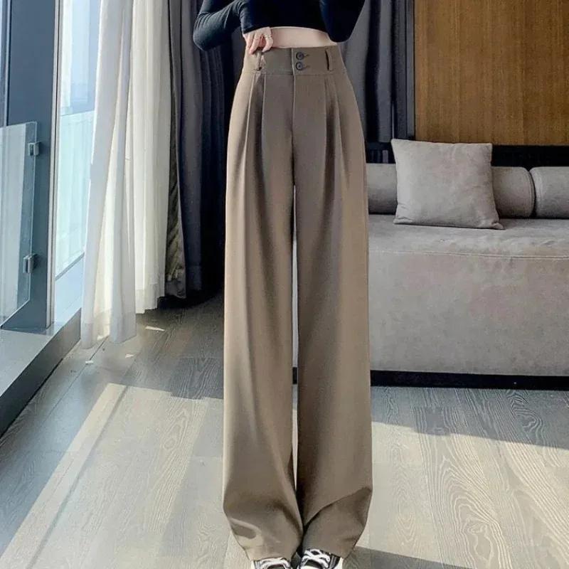 Pantalon à jambes larges pour femmes, élégant, Style coréen, taille haute, Baggy noir, bureau, mode