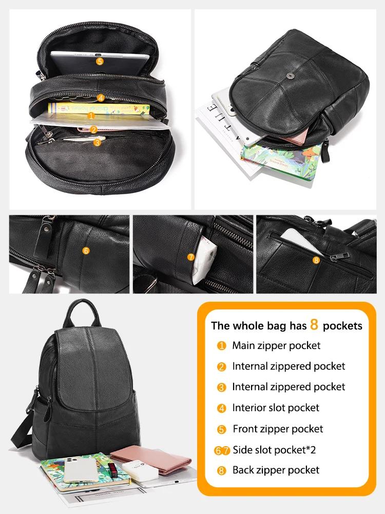 Zency Sac à dos 100% cuir véritable pour femme, sac à dos noir pour le voyage et le travail