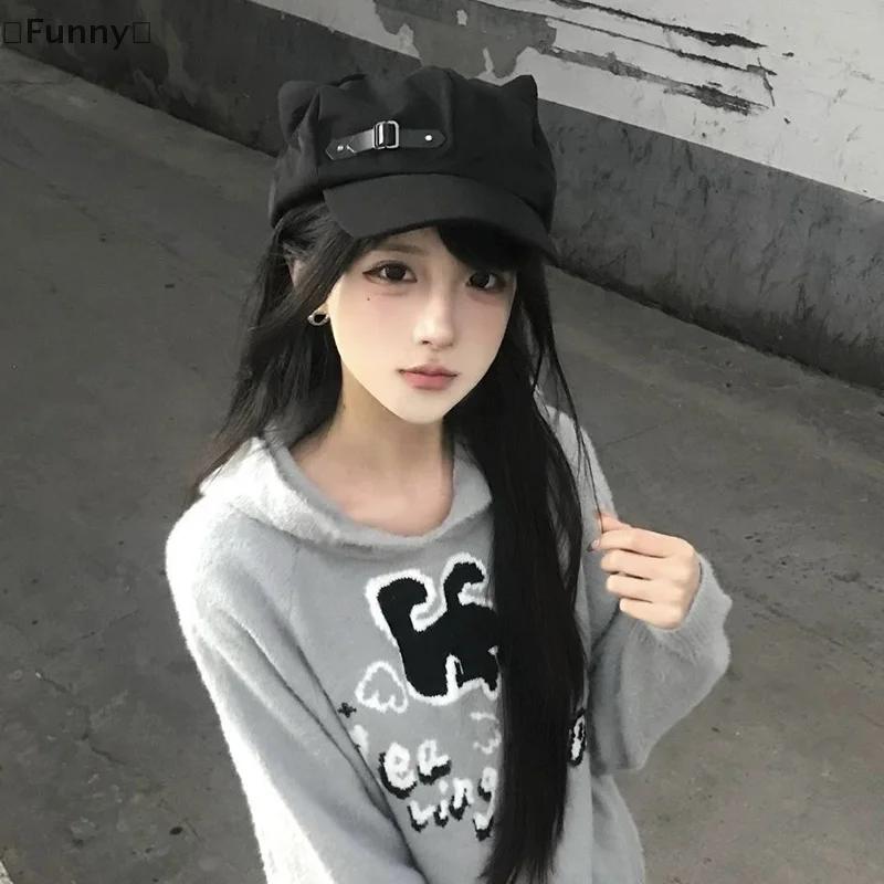 maveraFunny Orecchie de chat Harajuku gothique Lolita béret Y2K filles Steampunk Punk fermeture écla