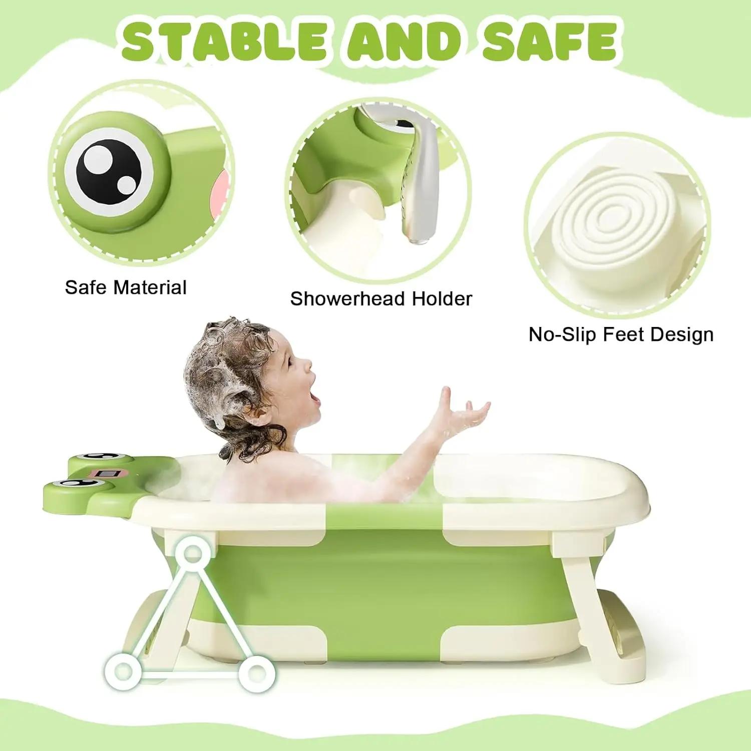 Baignoire pliable pour bébé de 0 à 36 mois, avec coussin de bain, avec thermomètre, bonnet de douche