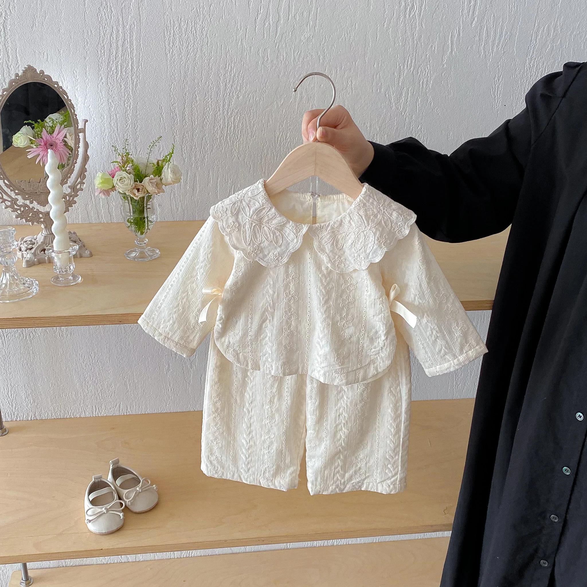 Haut à col en dentelle pour bébé fille, ensemble pantalon à jambes larges, haut à nœud pour fille d'
