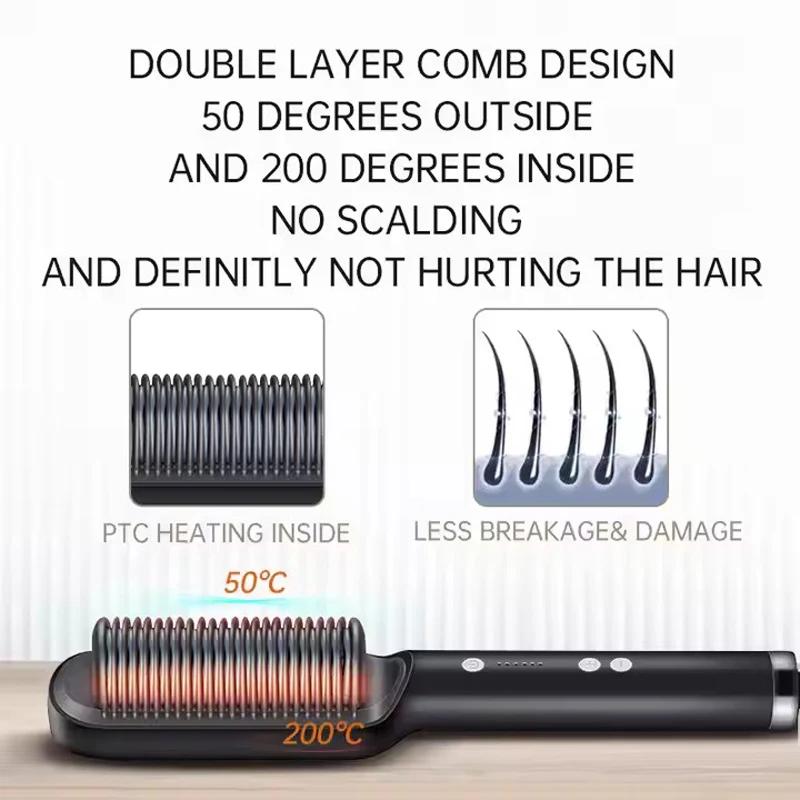 Peigne à lisser 2 en 1, peigne chaud à chauffage rapide, en céramique, à ions négatifs, brosse à lis
