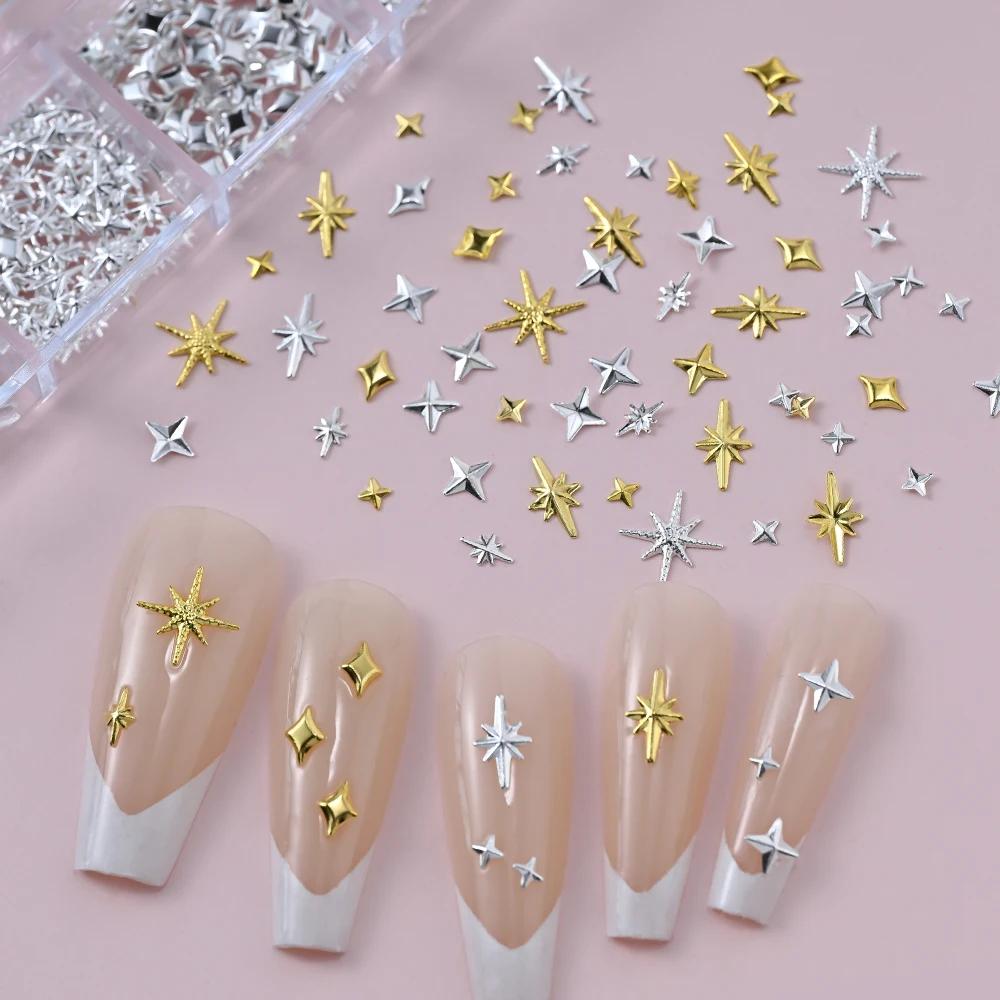 Breloques étoiles métalliques 3D pour Nail Art, 12 grilles, or/argent, Starlight, croix, Rivets, déc