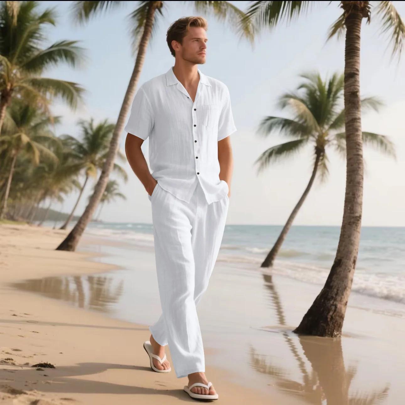 Ensemble deux pièces décontracté en coton et lin pour hommes, chemises et pantalons de base Vintage