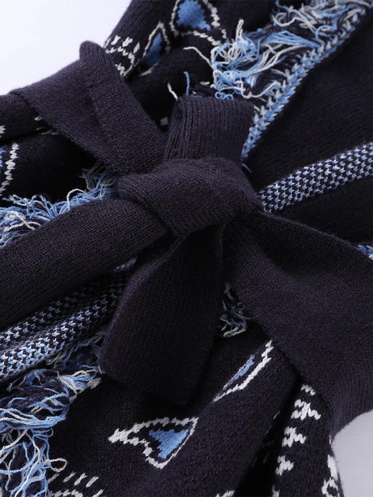 Cardigan imprimé Vintage avec pompons pour femme, col en v, manches longues, pull épissé, assorti av