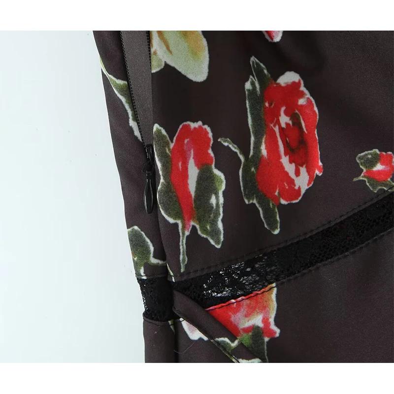 YENKYE romantique dentelle garniture imprimé fleuri crayon robe Sexy femmes manches volantes col en