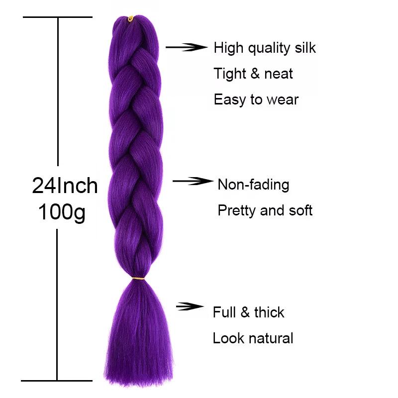 Extensions de cheveux synthétiques tressés violets longs de 24 pouces pour tresses, cheveux tressés